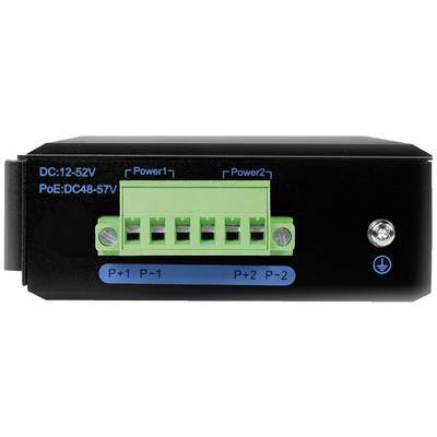 Ein schwarzes Gerät mit grünen Anschlüssen, beschriftet mit 'Power1' und 'Power2'. Seitlich befinden sich eine blaue LED und Spannungshinweise.
