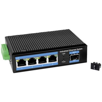 Industrieller Ethernet-Switch mit fünf Anschlüssen, vier RJ45 und einem SFP-Port. Geeignet für den Einsatz in Netzwerken.