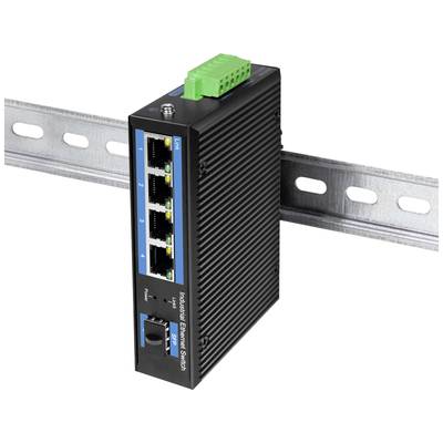 Ein schwarzer Industrial Ethernet Switch mit vier Netzwerkanschlüssen ist an einer Metallschiene montiert.