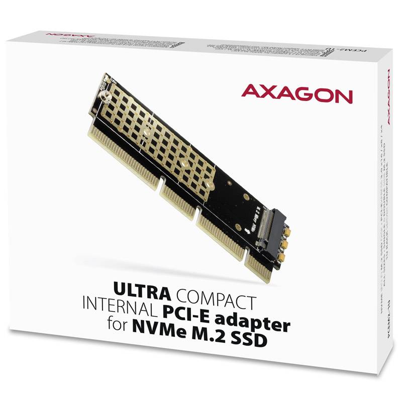 Die Abbildung zeigt eine Schachtel eines Axagon PCI-E-Adapters für NVMe M.2 SSDs, mit einem Bild des Adapters und der Markenaufschrift.