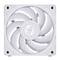 Ein weißer Computerlüfter mit mehreren Schaufeln in einem quadratischen Gehäuserahmen.