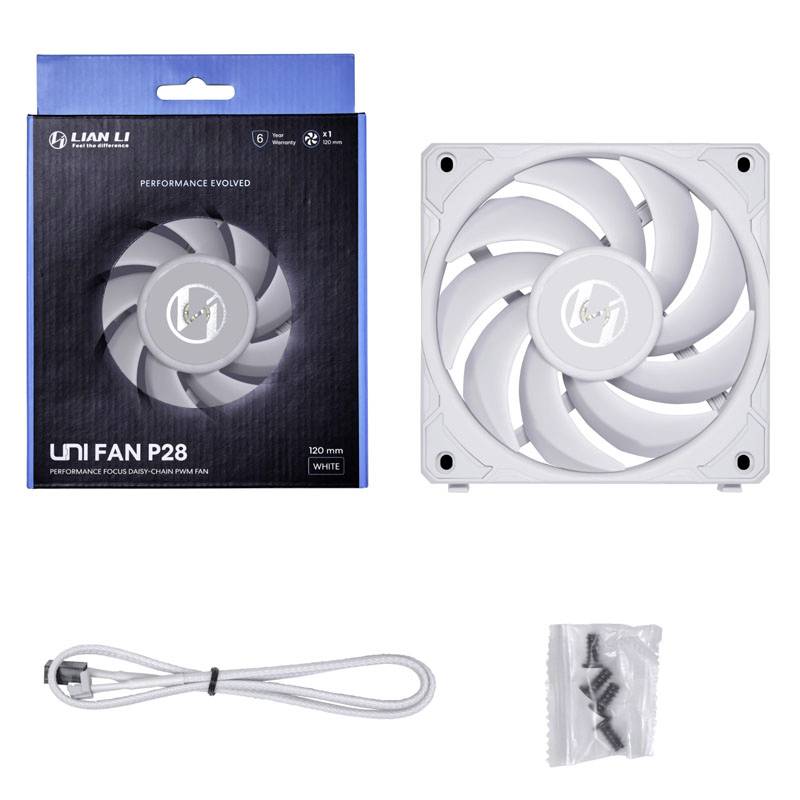 'Abbildung eines LIAN LI UNI FAN P28. Enthält Lüfter, Verpackung, Kabel und Schrauben. Weißes Design, 120 mm, mit Fokus auf Leistung.'