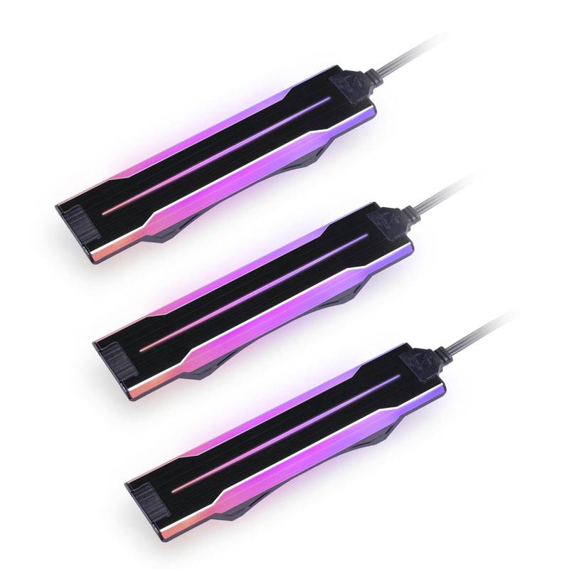Drei RGB-beleuchtete Kabelhalterungen, jeweils mit einem schwarzen Gehäuse und mehrfarbiger Beleuchtung, die Kabel ordentlich führen.