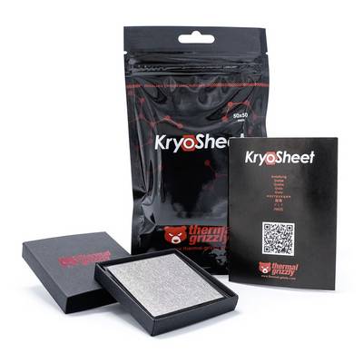 'KryoSheet' Thermalmaterial in Verpackung, Broschüre und Produktpräsentation. Enthält technische Spezifikationen und Unternehmenslogo.