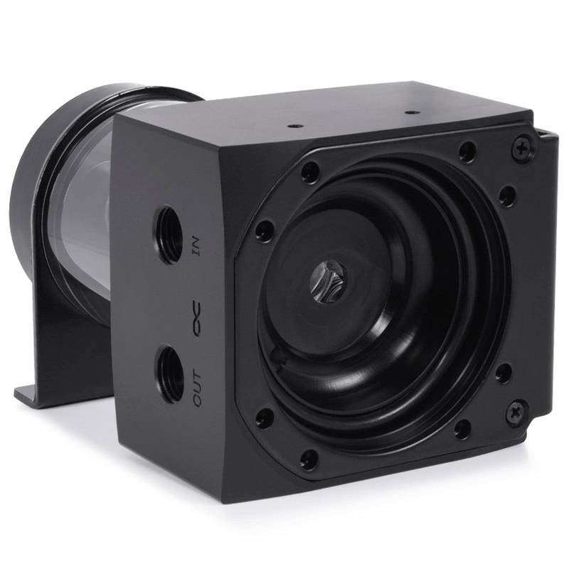 Schwarze Zylinderpumpe mit Ein- und Ausgangsanschlüssen. Geeignet für Flüssigkeitsbewegung in technischen Anwendungen.