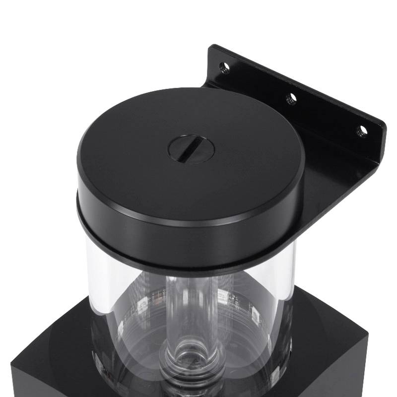 Klare Kunststoffröhre mit schwarzem Metallhalter, wahrscheinlich ein Behälter oder Dispenser, in minimalistischem Design.