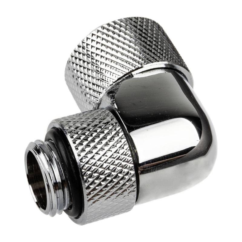 Ein verchromter Winkelanschlussadapter mit gerändelten Oberflächen. Verwendet für Rohre oder Schläuche, bietet eine stabile Verbindung.