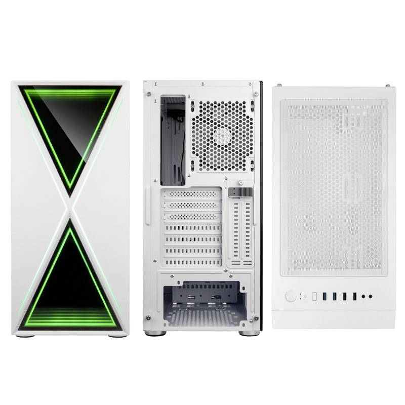 Ein weißes Computergehäuse mit grün beleuchtetem X-Muster vorne, zeigt Vorder-, Innen- und Seitenansicht mit USB-Anschlüssen.
