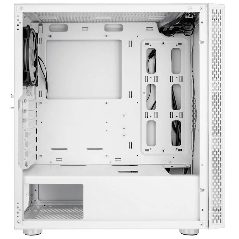 Ein leeres, weißes Computergehäuse mit sichtbaren Lüftern und Kabeln für den Zusammenbau eines PCs.