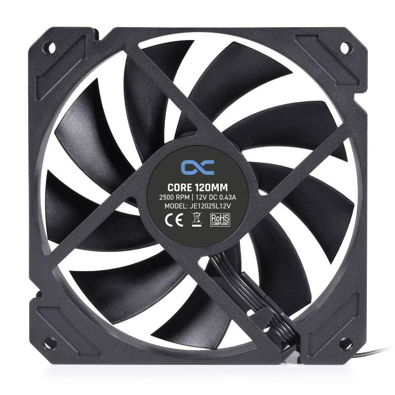 Ein schwarzer Computerlüfter mit der Aufschrift 'Core 120mm', 2500 RPM, 12V DC 0.43A, Modell JE12025L12V auf der Nabenabdeckung.