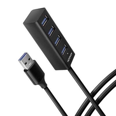 USB-Hub mit vier blauen USB 3.0-Anschlüssen und einem angeschlossenen Kabel mit USB-Stecker.