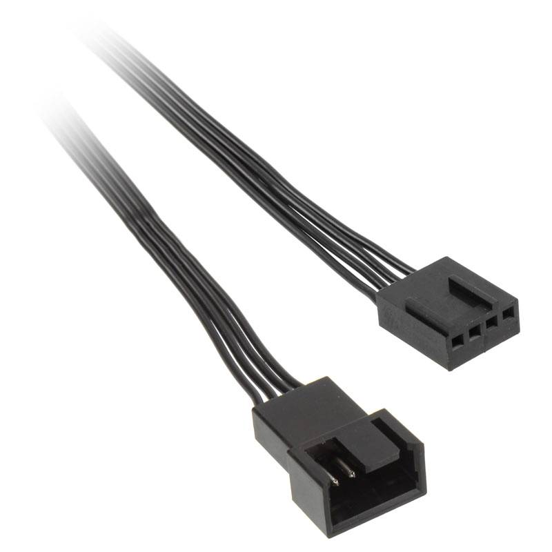 Ein schwarzes dreipoliges Steckerkabel mit Buchse und Stecker, geeignet zur Verbindung von Computerkomponenten.