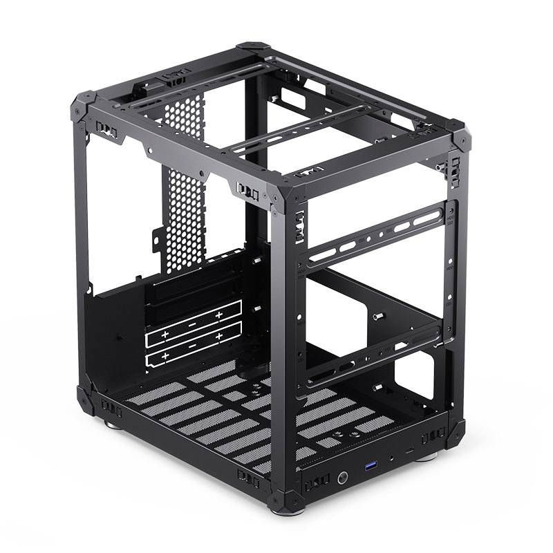 Offenes Computergehäuse aus Metall, schwarzes Design, eignet sich für individuelle PC-Bauten. Es zeigt Belüftungsöffnungen und Montagerahmen.