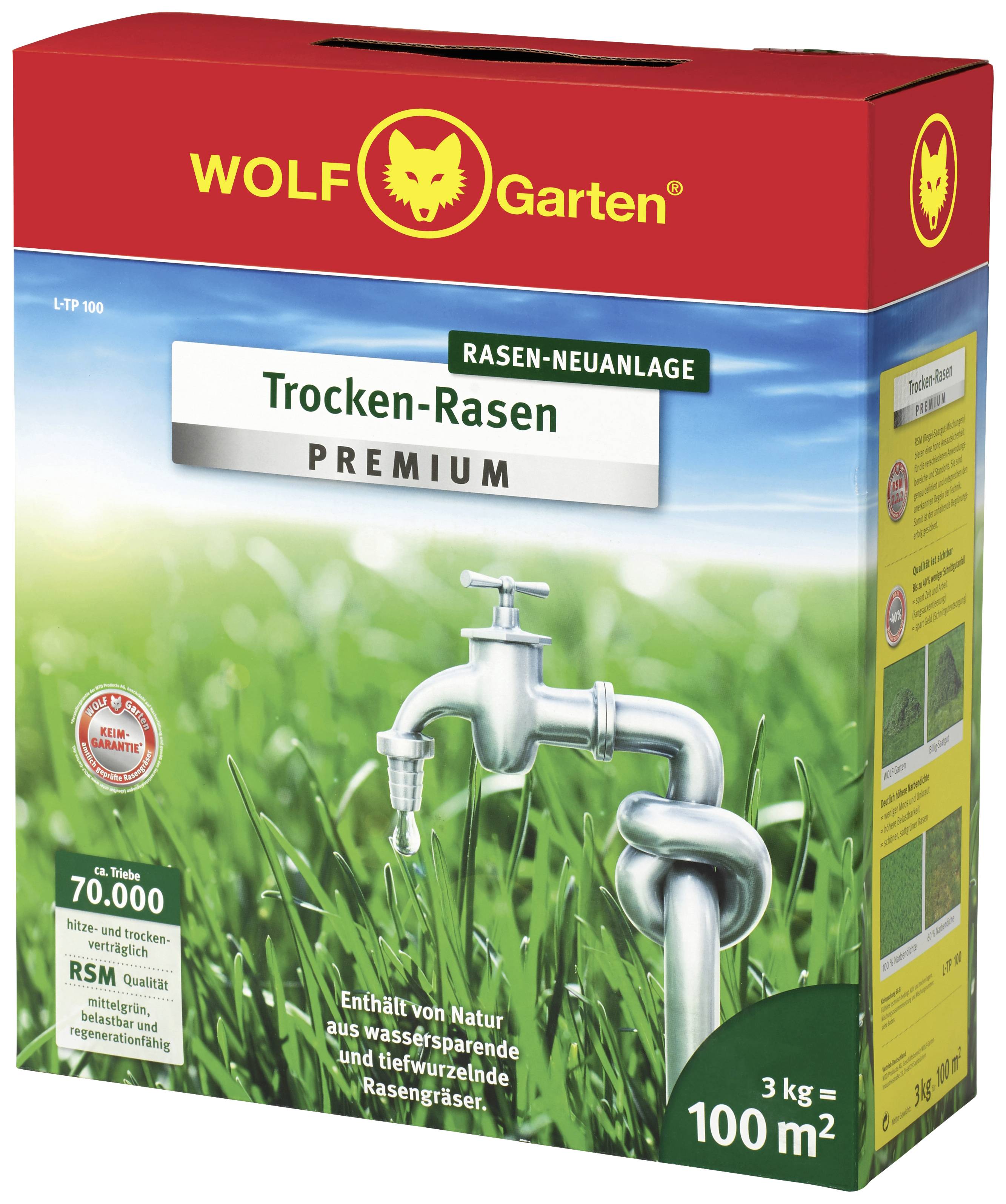 'Verpackung von Wolf Garten Premium-Trockenrasen mit 3 kg Inhalt für 100 m². Bild eines Wasserhahns, Fokus auf Trockenrasen.'