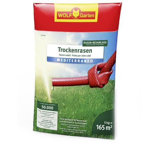 'Trockenrasen Mediterraneo' für 165 m², 5 kg. Ideal für trockene Gebiete. Marke: WOLF-Garten. Geeignet für Neuanlagen und Nachsaat.