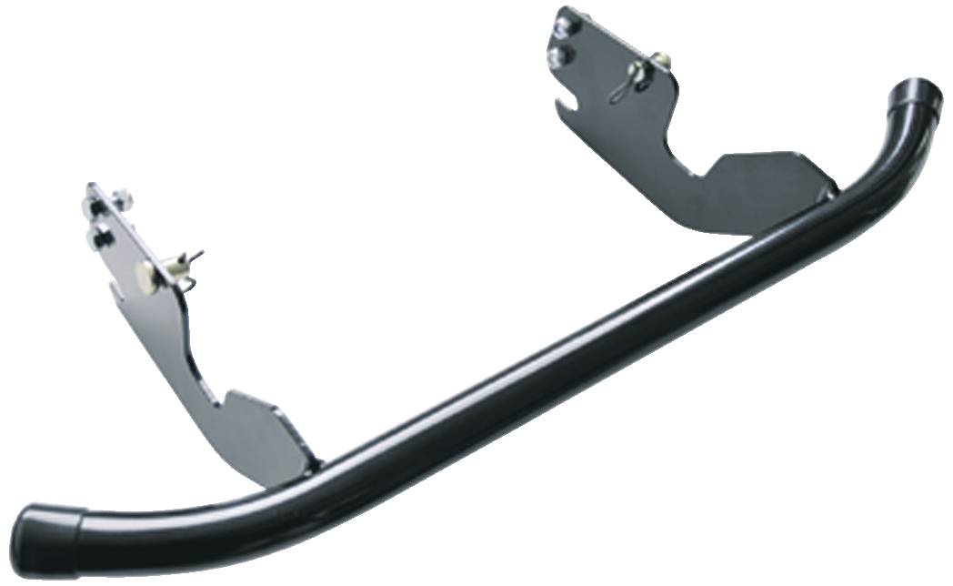 Schwarze Metallhalterung mit gebogenem Rohr und zwei Befestigungsplatten. Verwendet zur Unterstützung oder Montage an Fahrzeugen.