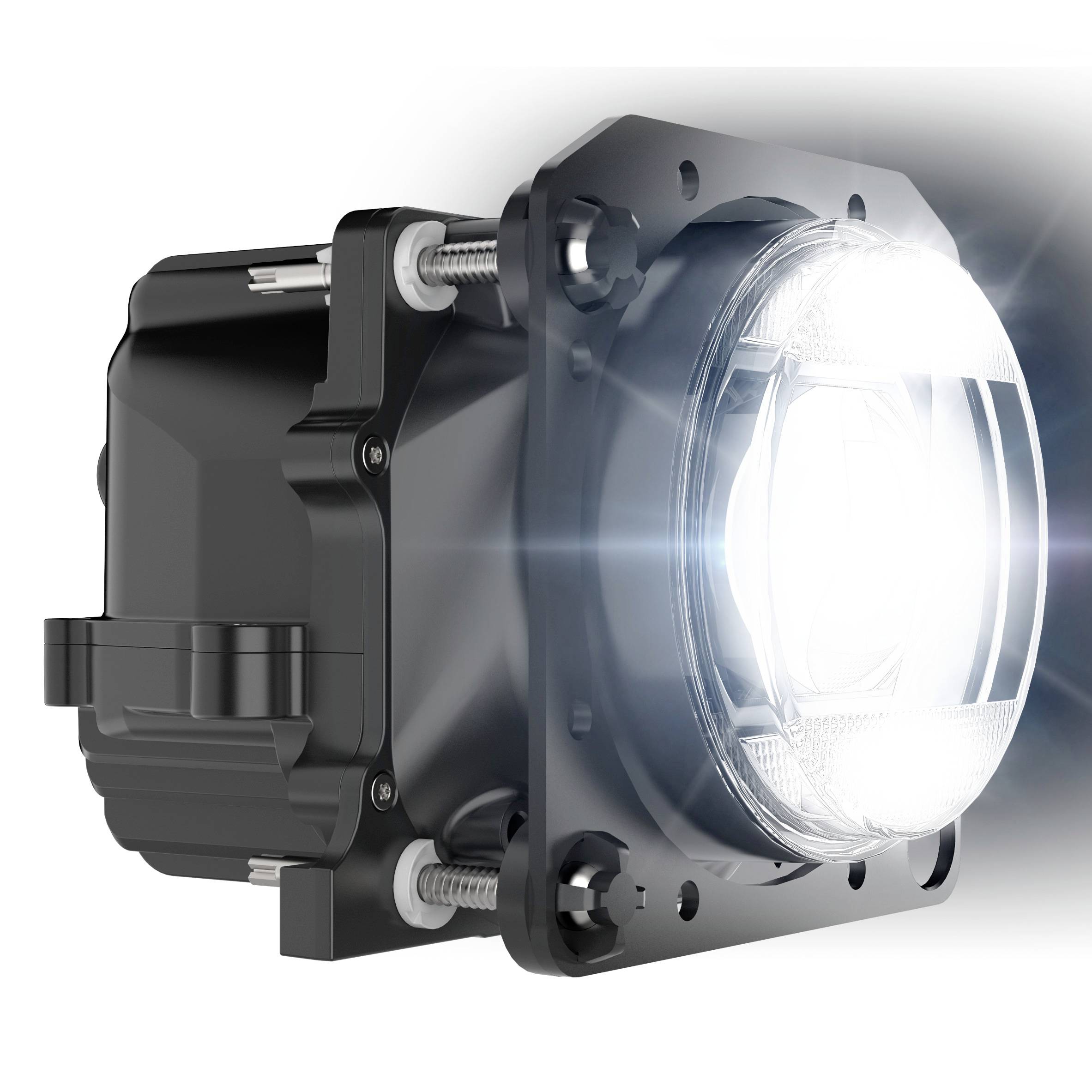 Ein beleuchteter LED-Scheinwerfer in moderner, schwarzer Fassung. Ideal für Fahrzeugbeleuchtung mit klarer Lichtabstrahlung.