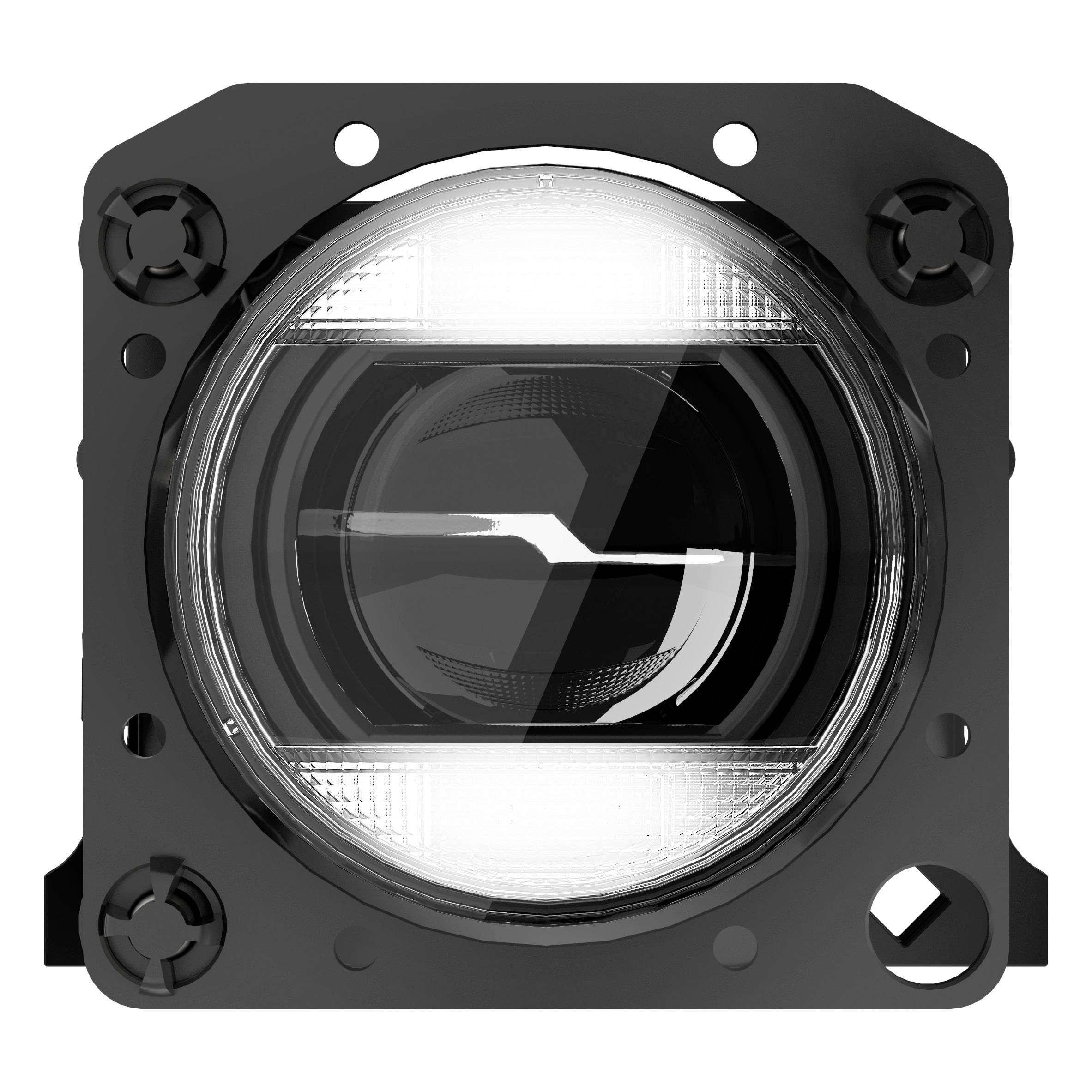 Ein quadratischer Autoscheinwerfer mit LED-Technologie, bestehend aus einem zentralen runden Licht, umgeben von einem schwarzen Rahmen.