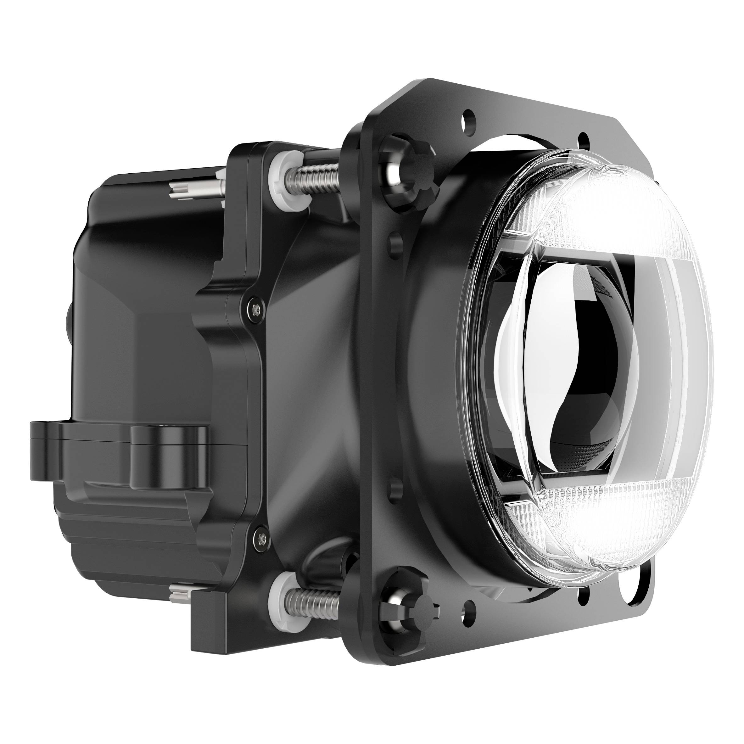 Schwarzer Projektor-LED-Scheinwerfer mit klarer Linse, montiert auf rechteckiger Halterung. Used in Fahrzeugbeleuchtungssystemen.