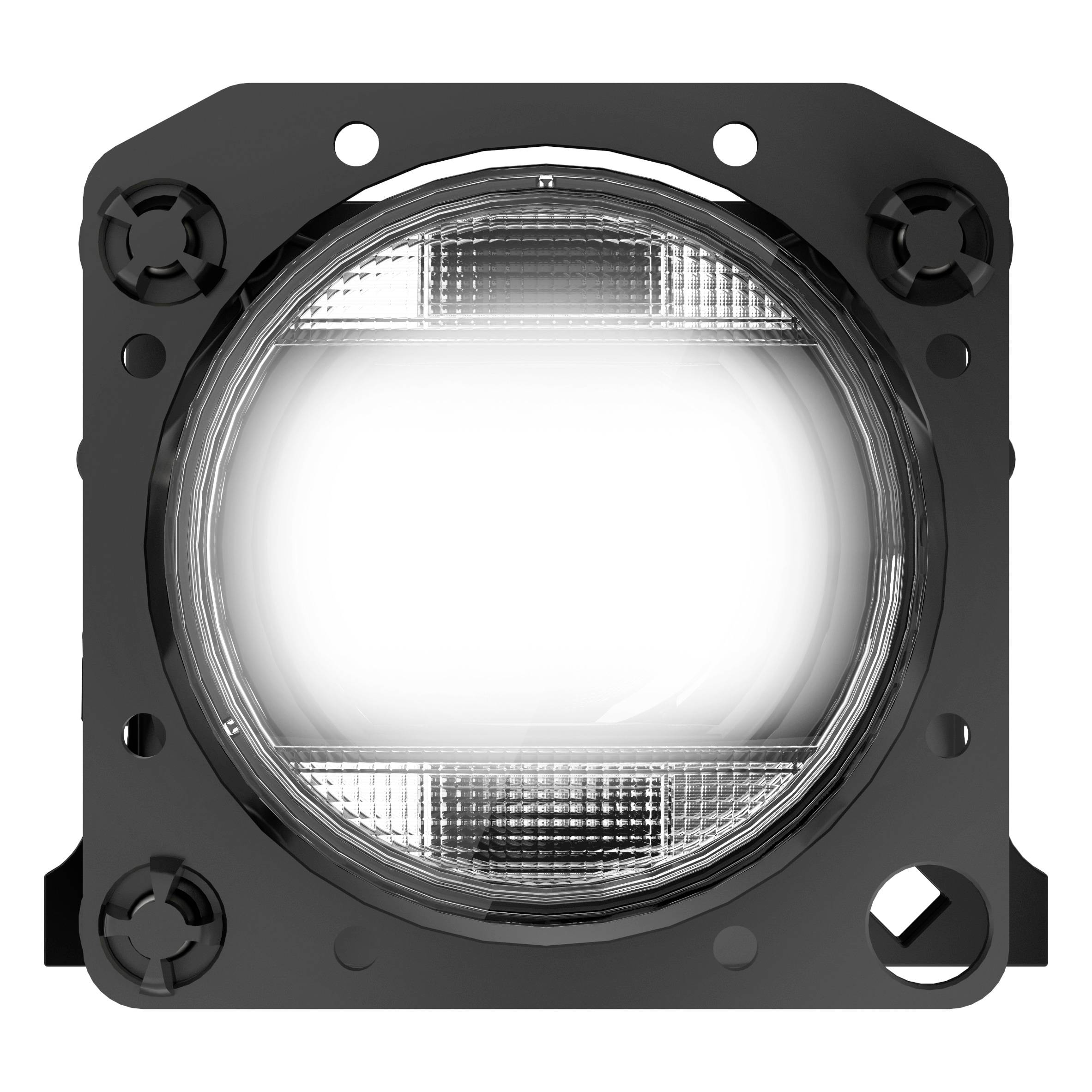 Eine quadratische, schwarze LED-Leuchte mit rundem, klarem Glas, montiert in einer viereckigen Halterung.