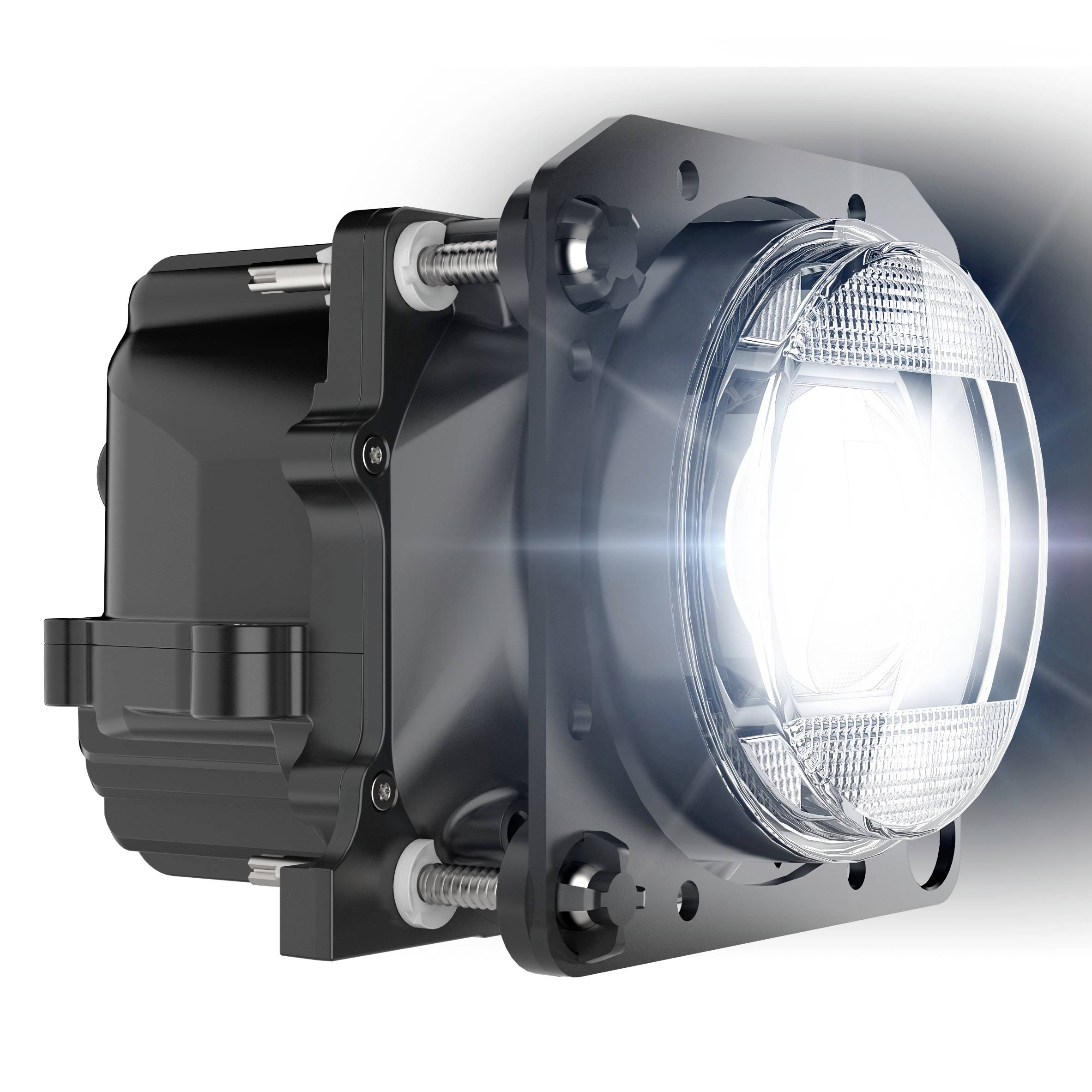 Ein schwarzer LED-Scheinwerfer in Nahaufnahme, zeigt komplexe Details des Gehäuses und der Linse, strahlt helles Licht aus.