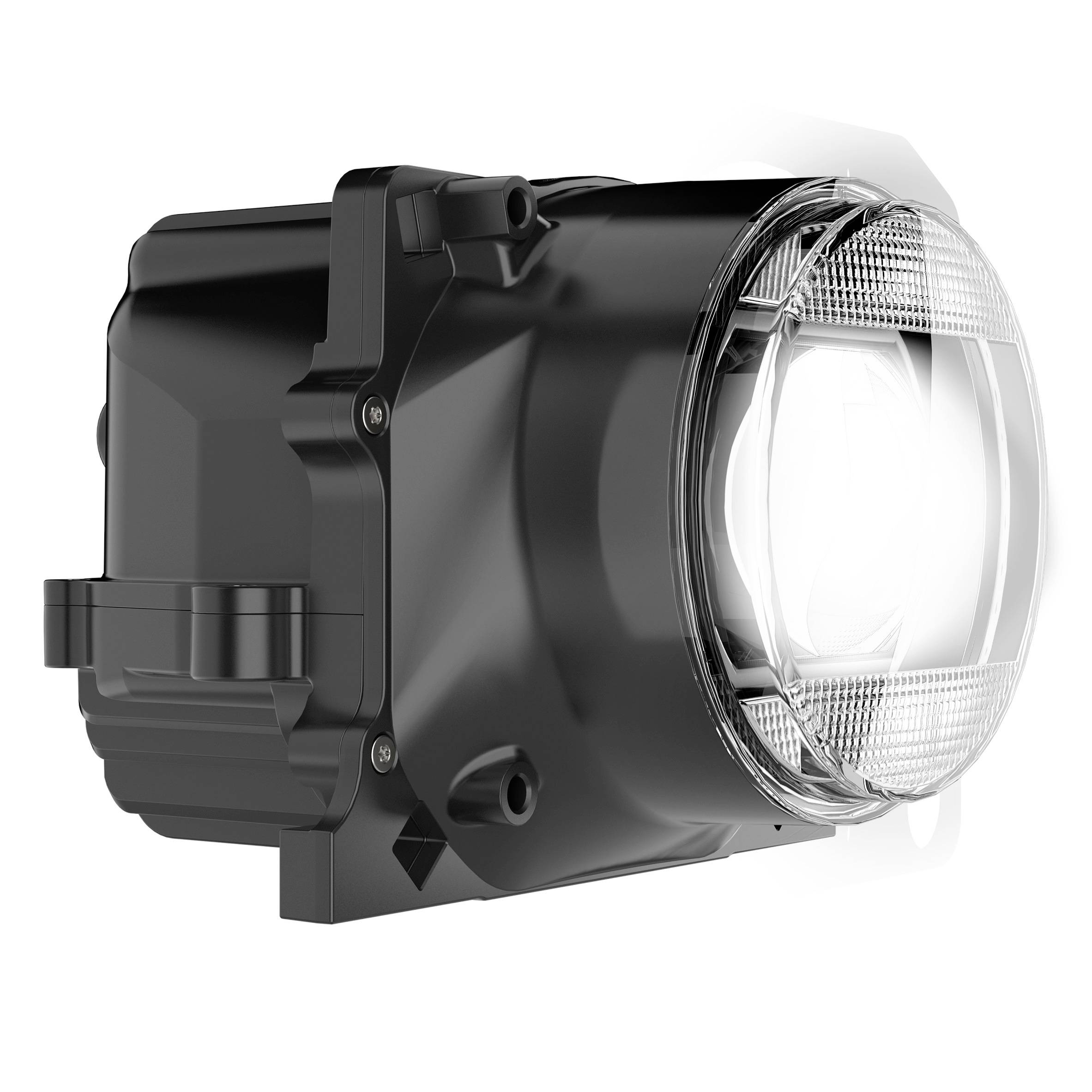 Ein rechteckiger, schwarzer LED-Scheinwerfer mit klarem Glas, geeignet für verschiedene Fahrzeugtypen, gegen einen weißen Hintergrund.