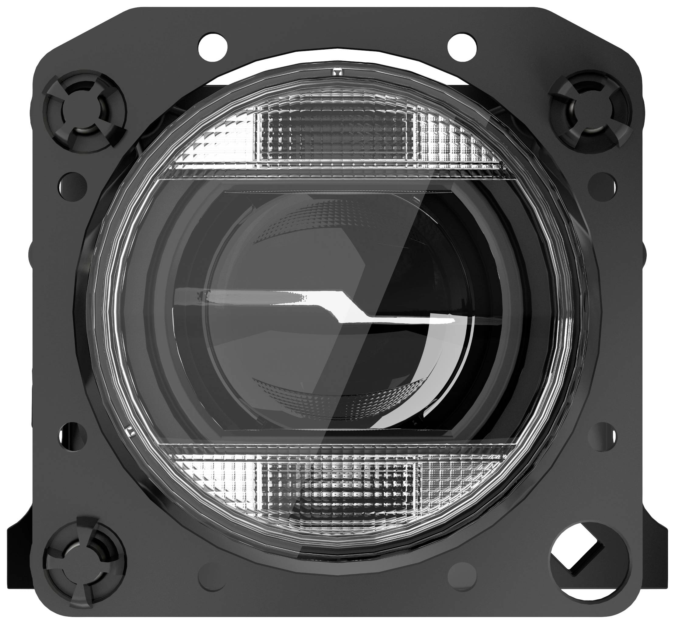 Runder LED-Scheinwerfer mit schwarzem Gehäuse, klarer Linse und kreisförmigem, geripptem Muster.