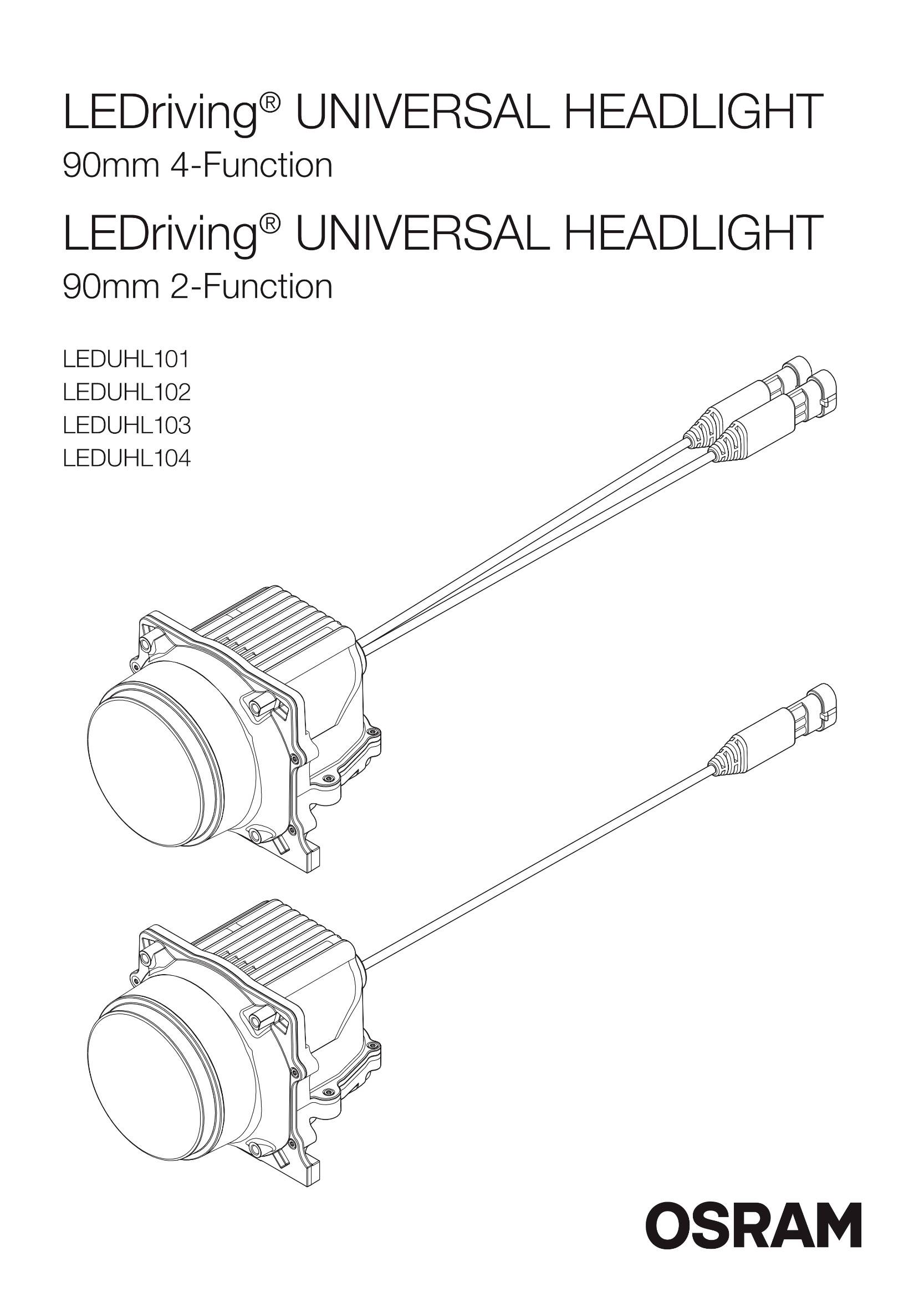 'LEDdriving UNIVERSAL HEADLIGHT' von OSRAM, zwei runde LED-Scheinwerfer mit Kabeln und Steckern, 90mm, vier- und zweifunktional.