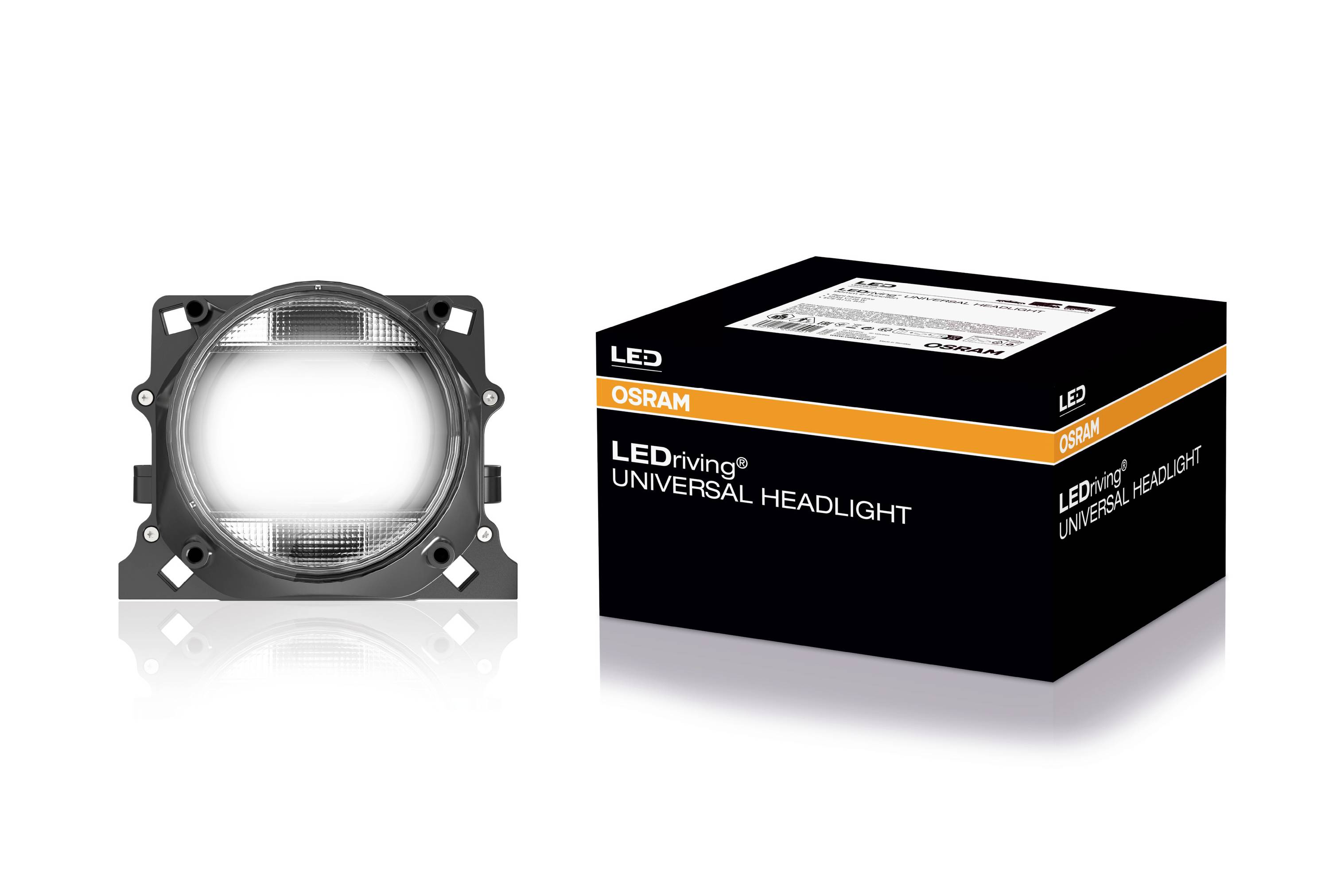 Verpackung eines LED-Scheinwerfers von Osram neben dem Scheinwerfer selbst. Die Verpackung ist schwarz mit orangefarbenen Akzenten.