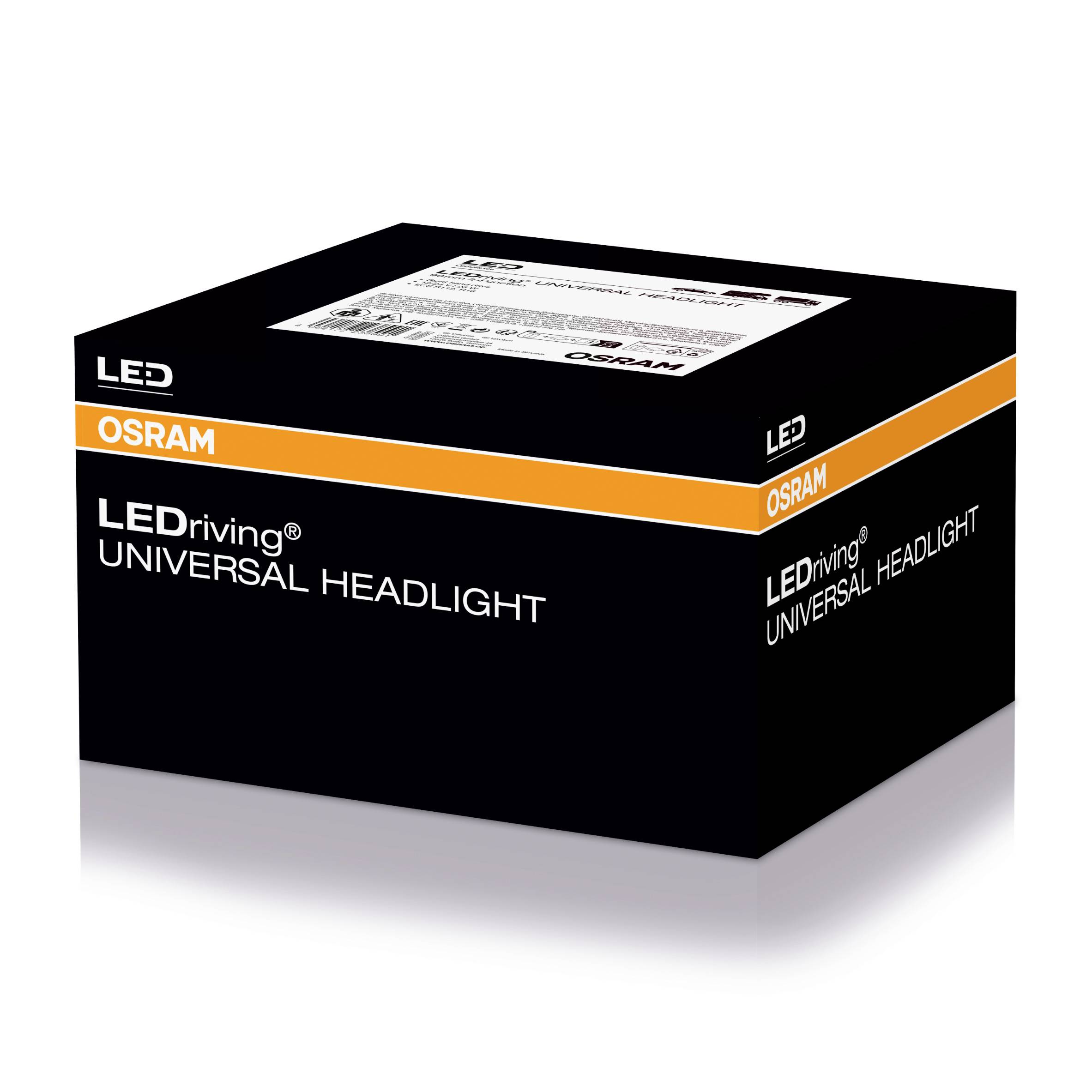 Eine schwarze Verpackung von OSRAM mit der Aufschrift 'LEDdriving UNIVERSAL HEADLIGHT' zeigt ein LED-Scheinwerferprodukt.