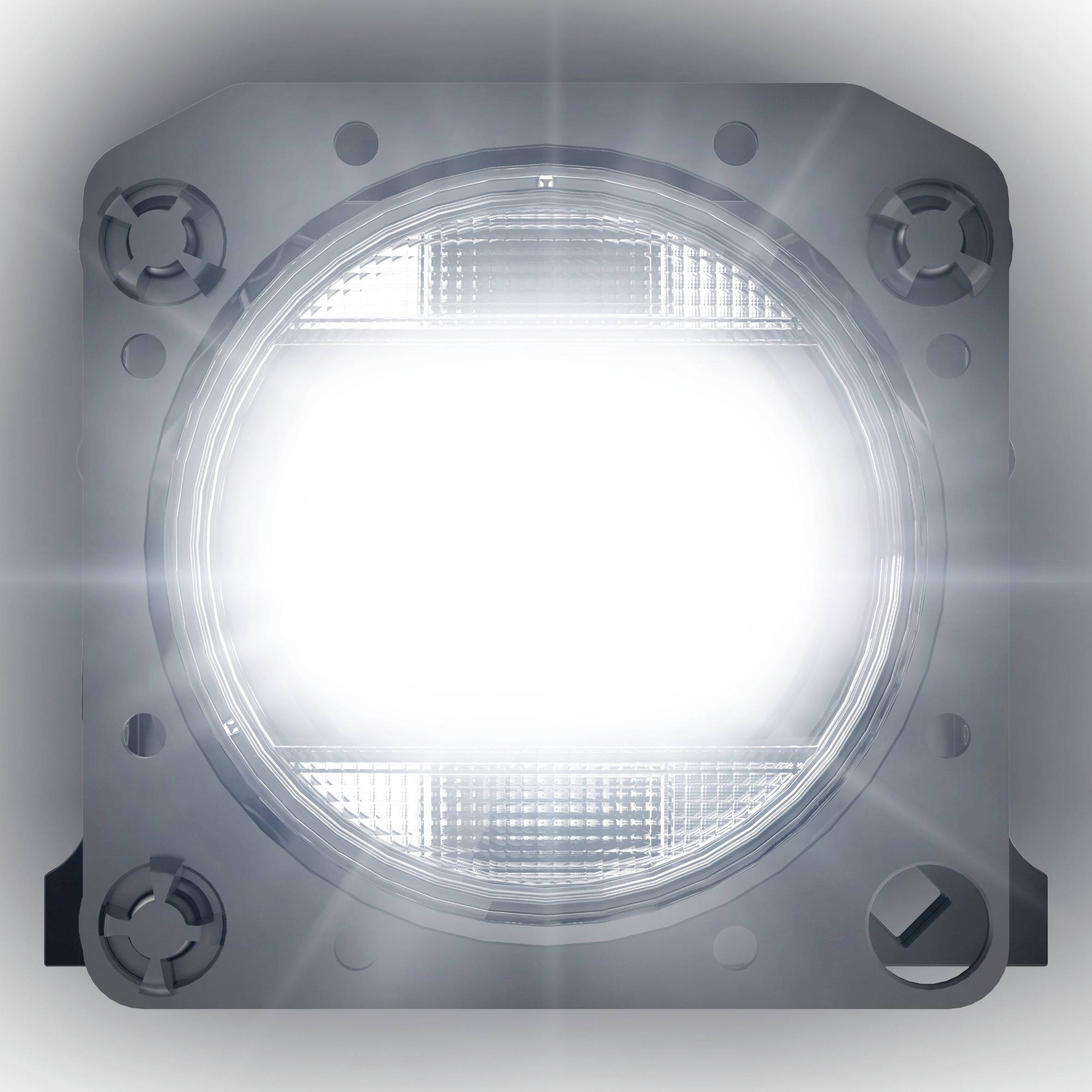 Eine helle, quadratische Lampe mit einem intensiven, weißen Licht in der Mitte, umgeben von einem metallischen Gehäuse.