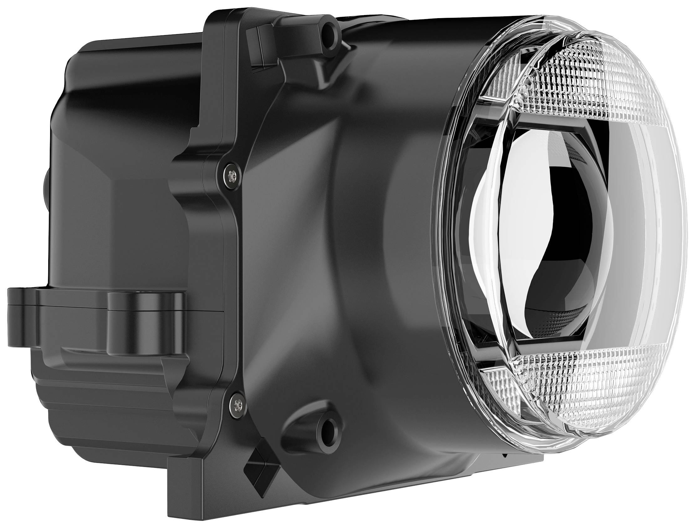 Schwarzer LED-Scheinwerfer in rechteckigem Gehäuse, geeignet für Fahrzeuge; Sicht von Seite und Vorderseite.