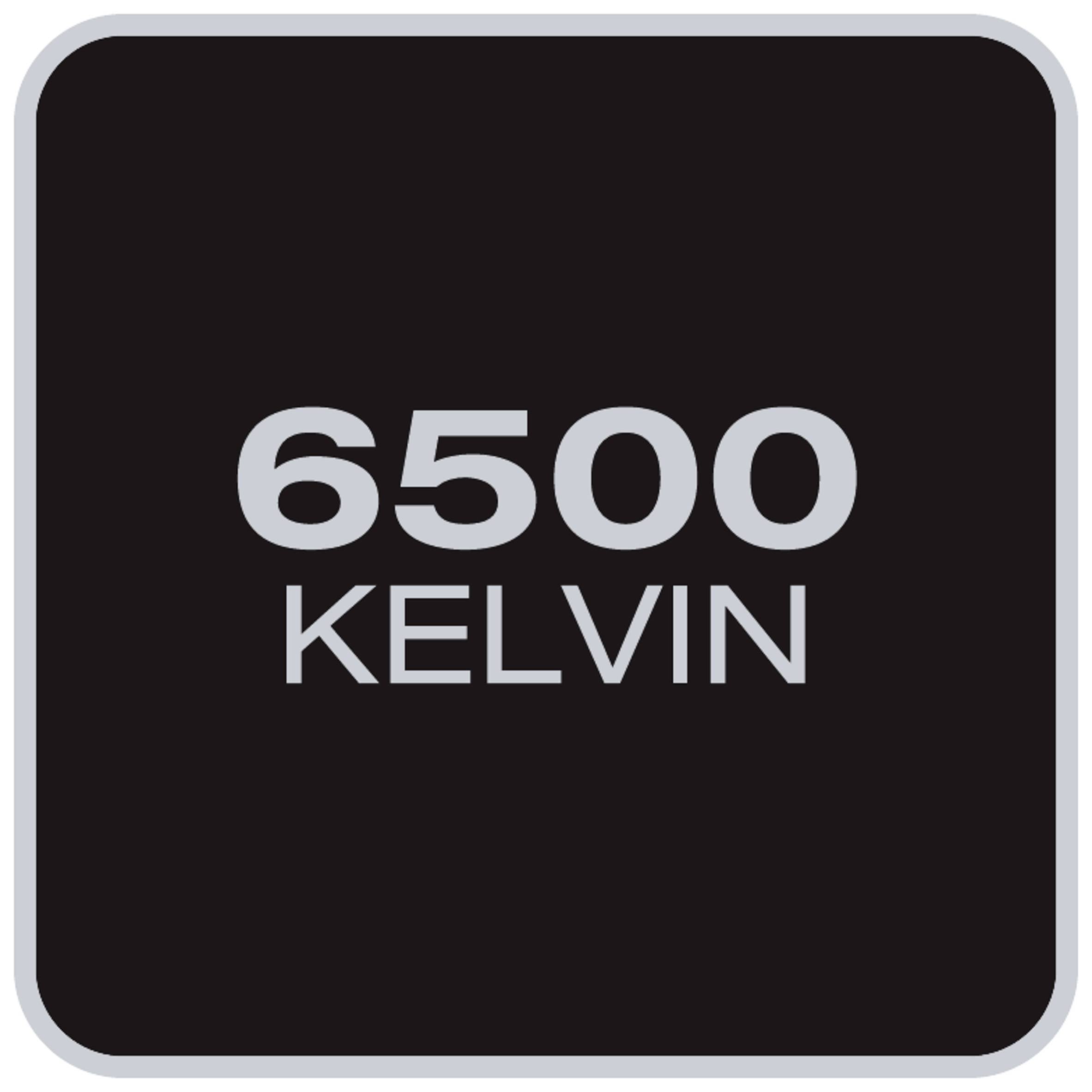 '6500 Kelvin' in großen, grauen Buchstaben auf schwarzem Hintergrund. Könnte sich auf eine Lichtfarbe oder Farbtemperatur beziehen.