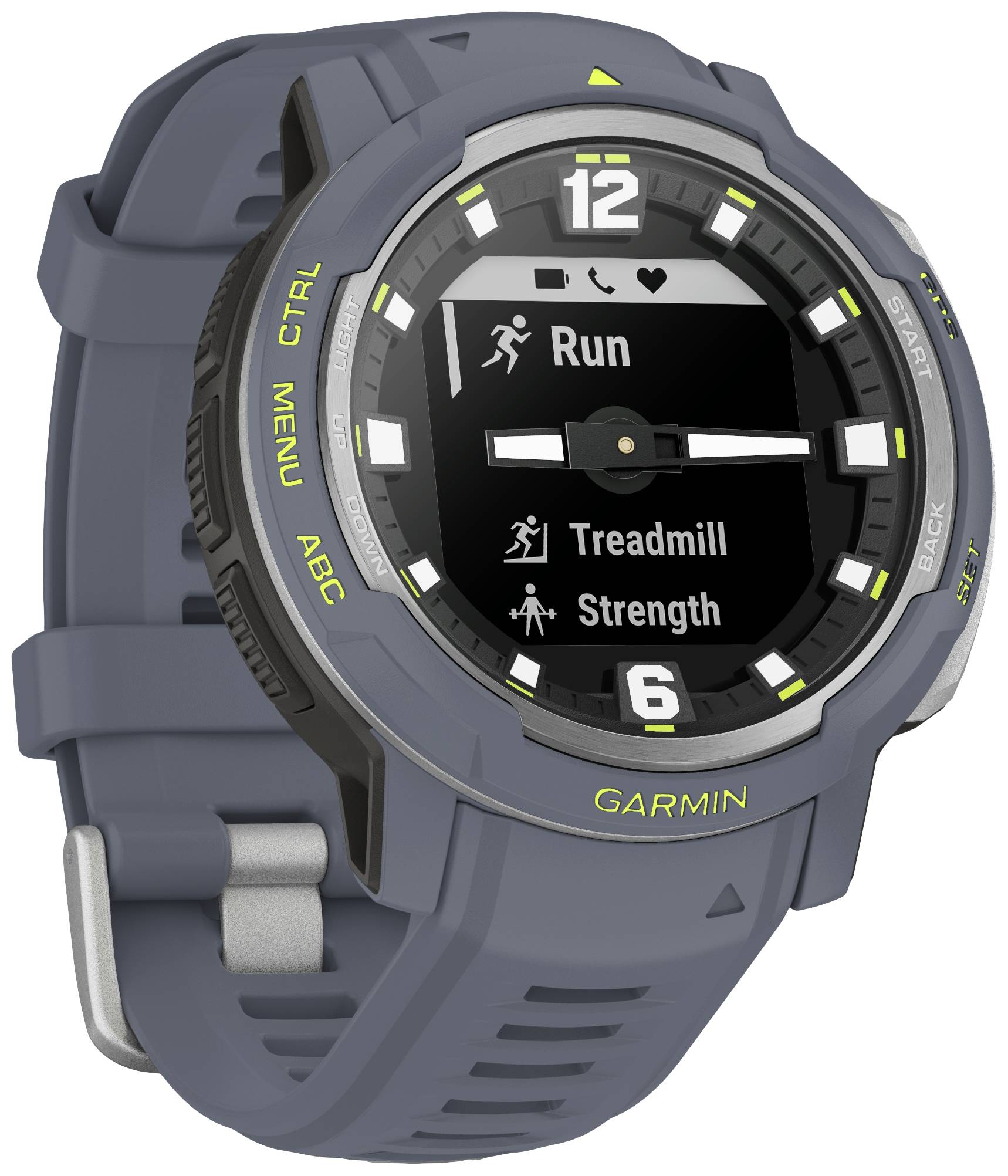 Eine graue Sportuhr mit digitalem Display, das Menüpunkte wie 'Run', 'Treadmill' und 'Strength' anzeigt. Die Uhr hat funktionale Knöpfe an der Seite.