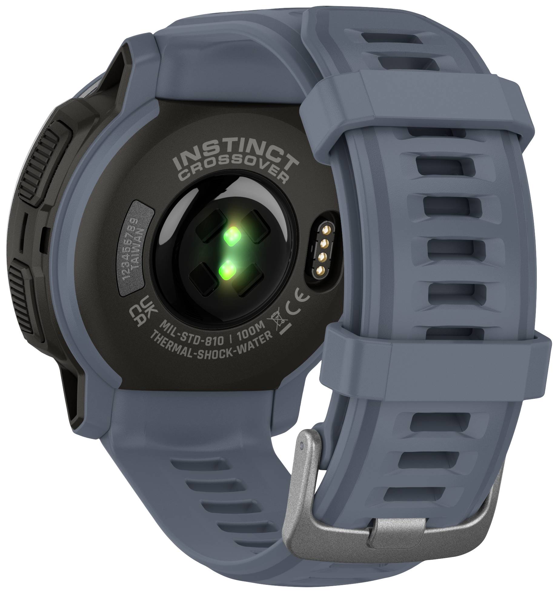 Rückseite einer robusten Smartwatch mit grauem Armband und Sensoren, die Gesundheitsüberwachung ermöglichen.