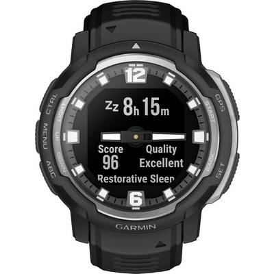 Schwarze Smartwatch zeigt '8h 15m' Schlafzeit, 'Score 96', 'Quality Excellent', 'Restorative Sleep'. Uhrzeit bei 12:00.