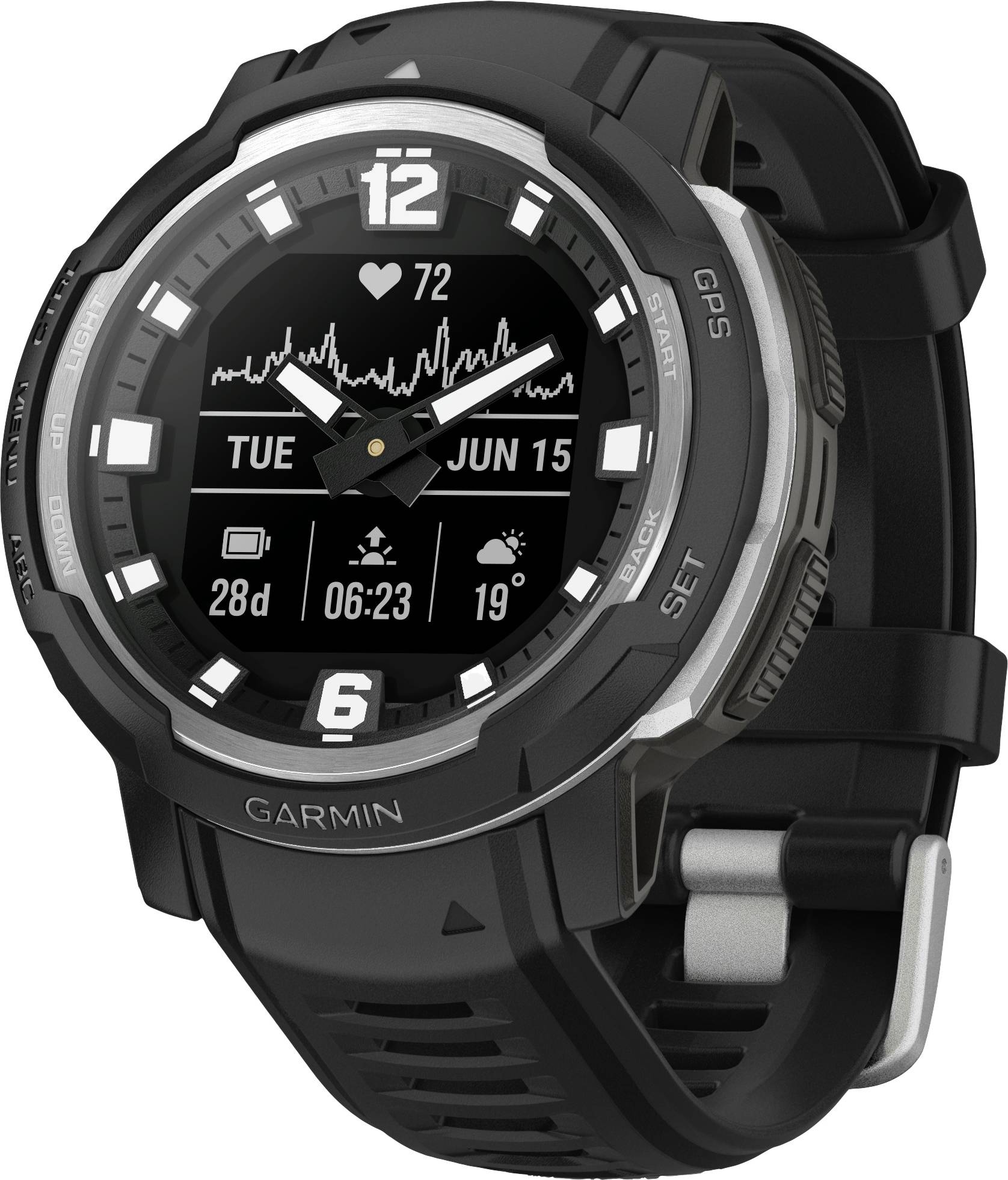 Schwarze Smartwatch mit rundem Zifferblatt. Zeigt Herzfrequenz, Datum 'Di 15. Jun', Schritte, Wetter und Uhrzeit '06:23' an.
