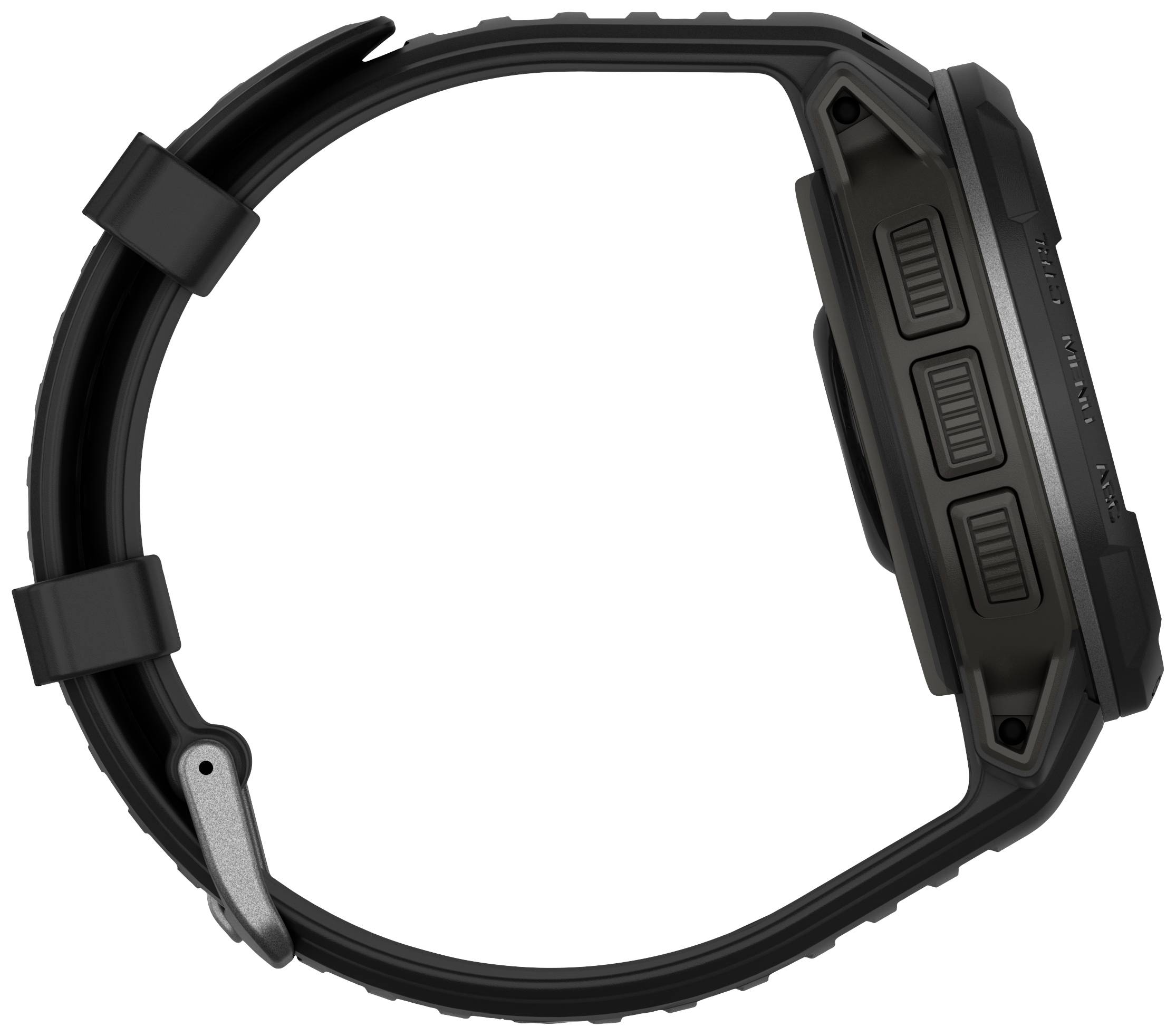 Schwarze rechteckige Armbanduhr mit seitlichen Tasten, seitlich fotografiert.