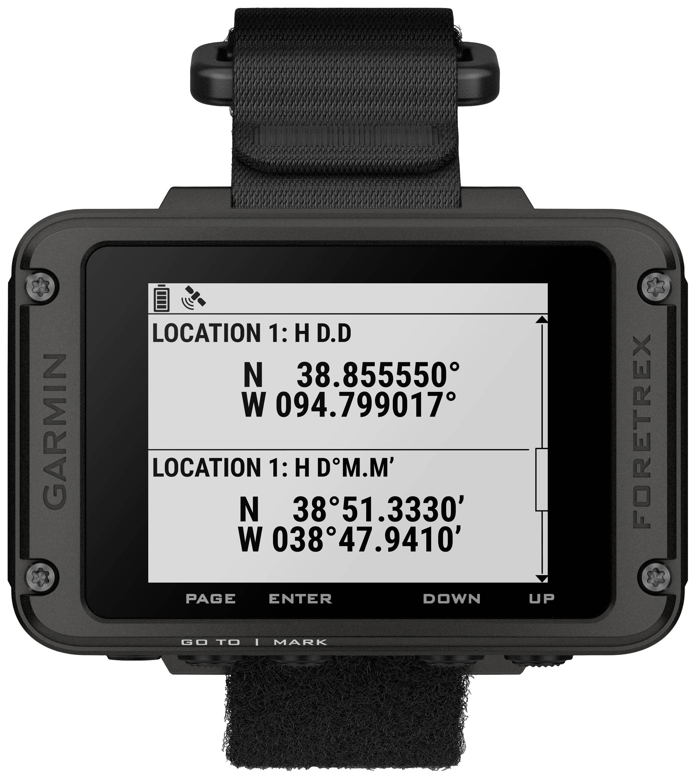 Ein GPS-Gerät zeigt zwei Positionen an. Obere Position: 'N 38.855550°, W 094.799017°'. Untere Position: 'N 38° 51.3310', W 038° 47.9410'.