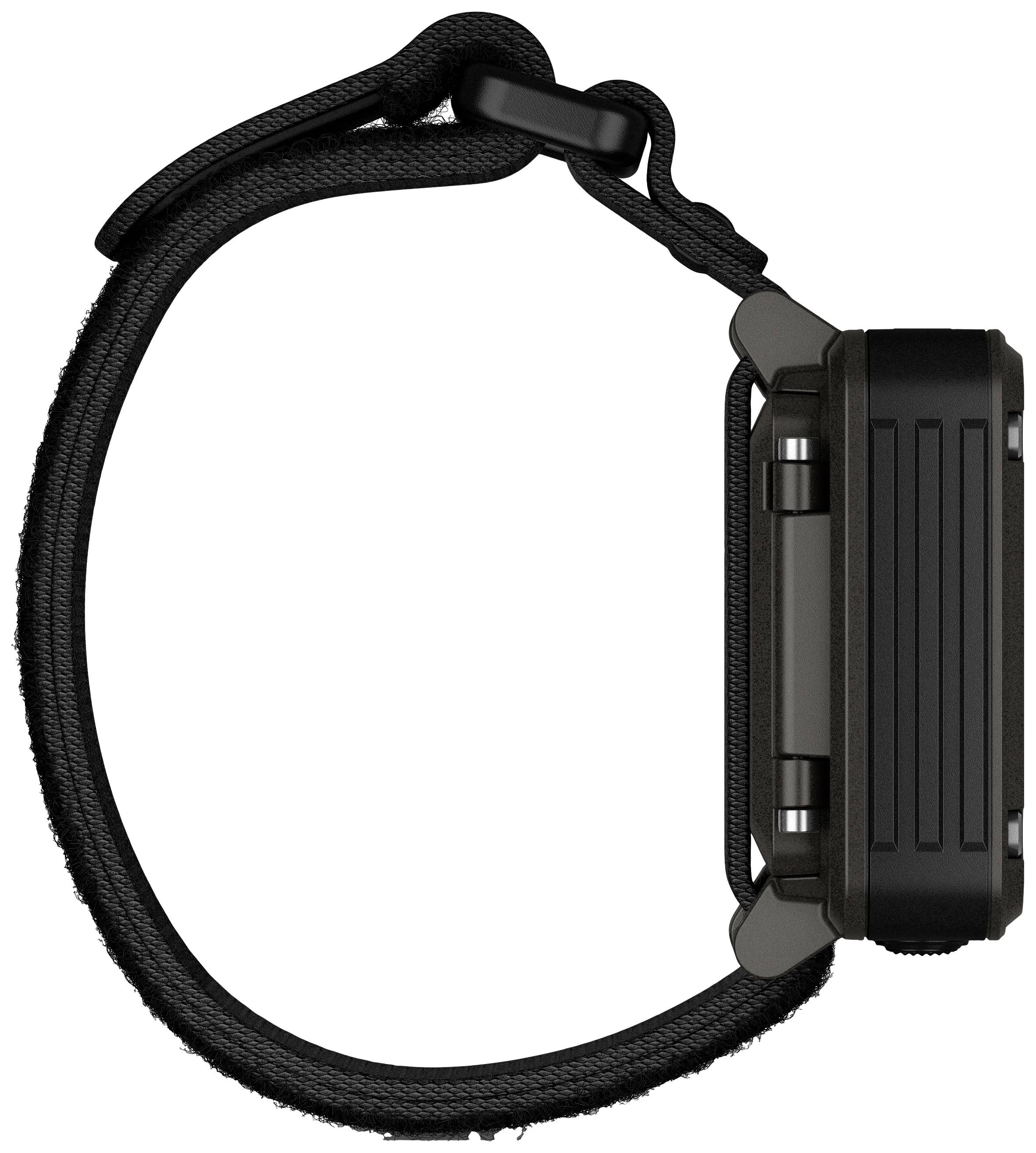 Eine schwarze Smartwatch von der Seite, zeigt das Armband und die Lünette.