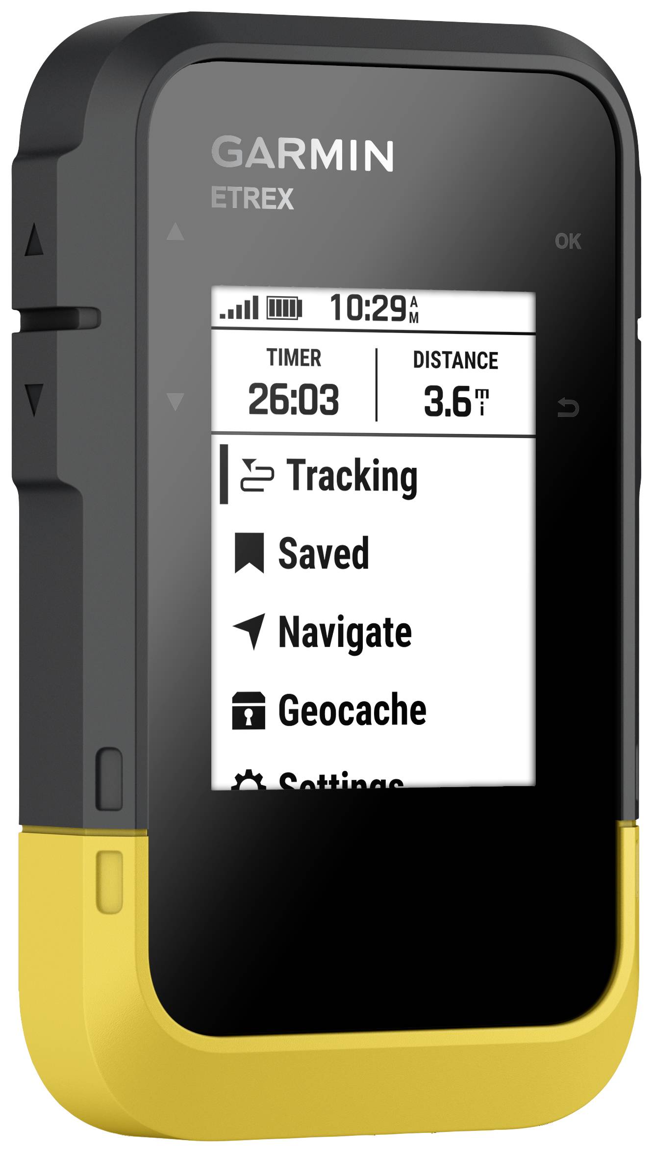 Ein tragbares GPS-Gerät mit gelbem Gehäuse zeigt auf dem Display Funktionen wie Tracking, gespeicherte Daten, Navigation und Geocache.