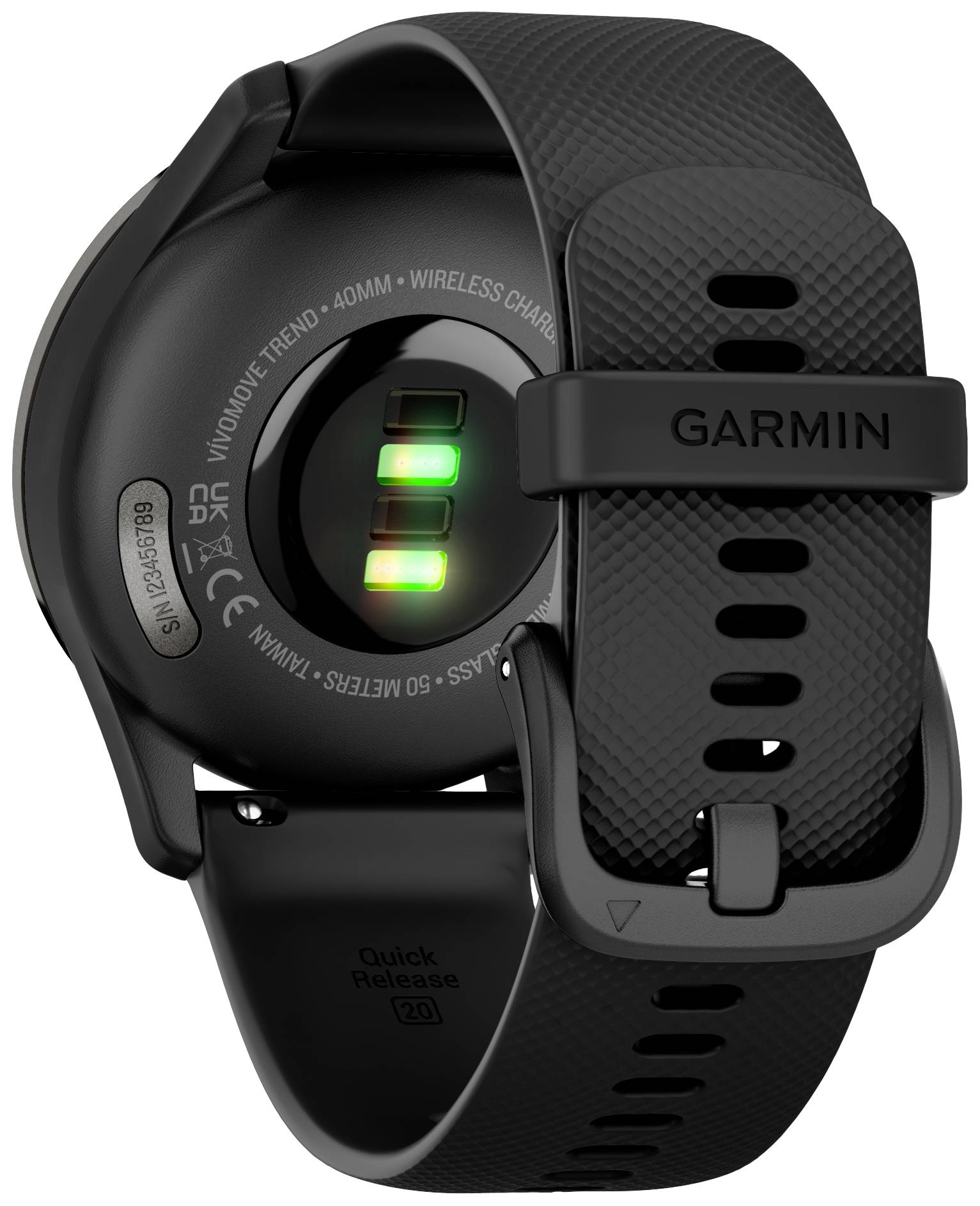 Eine schwarze Smartwatch mit 'Garmin'-Logo auf dem Armband, zeigt die Rückseite mit Sensoren und technischen Informationen.