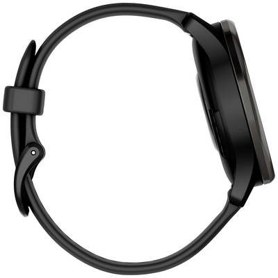 'Smarte Armbanduhr in Schwarz von der Seite, zeigt das flache Design und das Armband.'