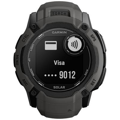 Schwarze Smartwatch mit kreisförmigem Display, zeigt ein Zahlungssymbol und 'Visa' mit vier Punkten und Nummern '9012'.