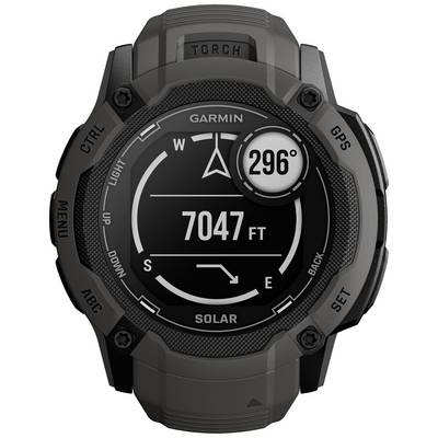Schwarze Digitaluhr mit Kompassanzeige, aktuelle Höhe '7047 FT' und Ausrichtung '296°'. Markenname oben, Funktionsknöpfe seitlich.