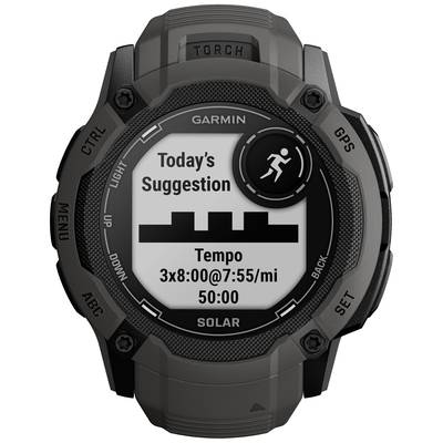 Eine Sportuhr zeigt den Vorschlag des Tages: 3 mal 8 Minuten bei einem Tempo von 7:55 pro Meile, Dauer 50 Minuten.