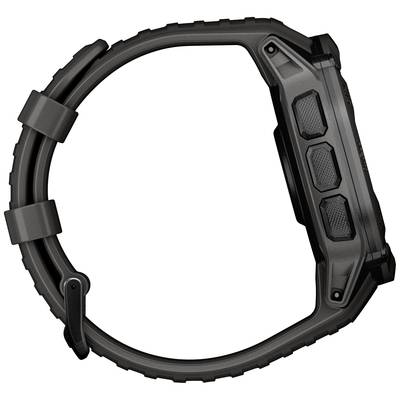 Eine robuste schwarze Armbanduhr mit seitlichen Tasten, im Profilansicht, zeigt ein strapazierfähiges Design für Outdoor-Aktivitäten.