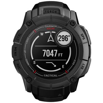 Schwarze GPS-Uhr mit digitalem Kompass, Höhenangabe '7047 FT', und Himmelsrichtung '296° NW'. Zeigt taktische Funktionen an.