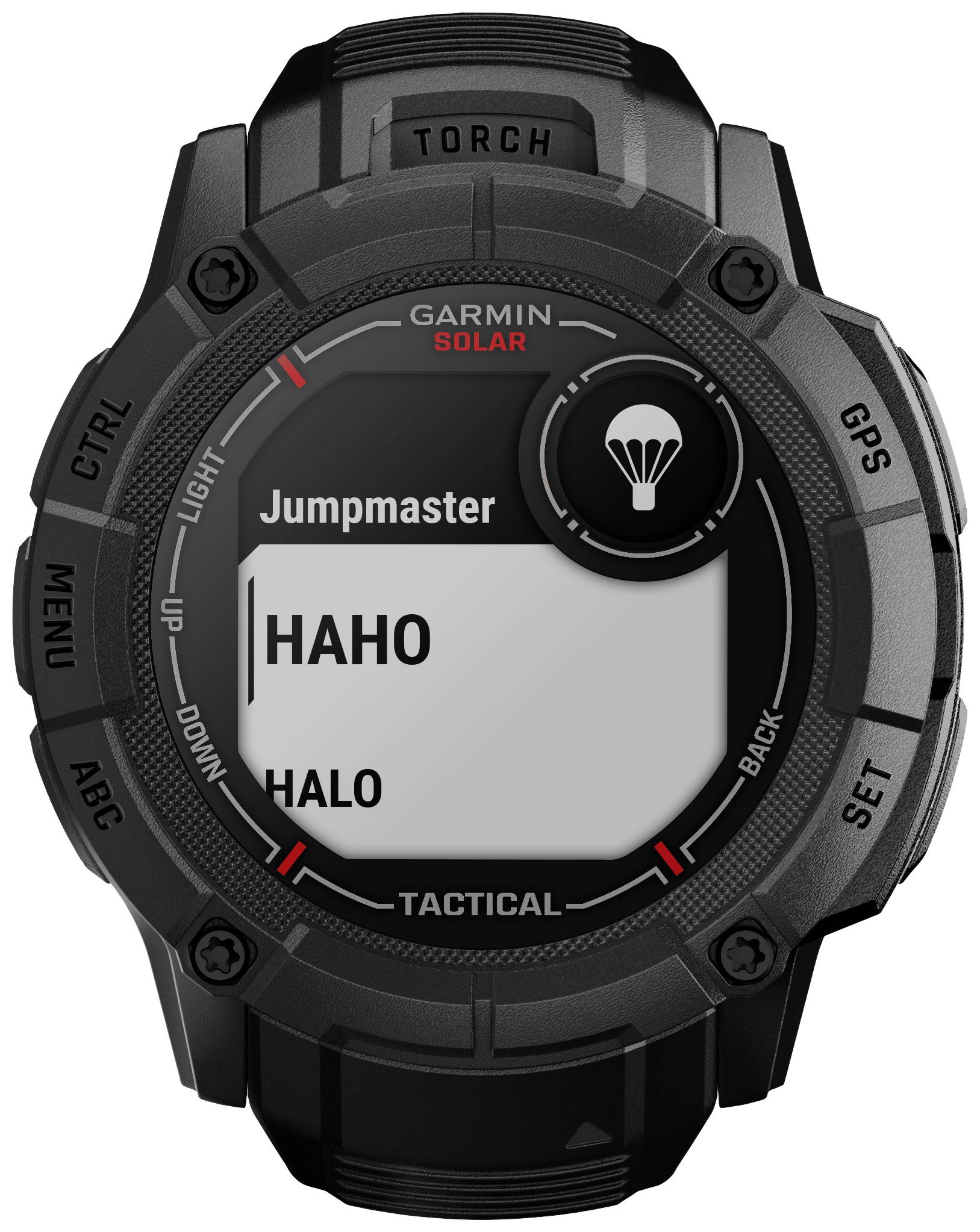 Eine schwarze Garmin-Tactical-Uhr zeigt den 'Jumpmaster'-Modus mit Optionen 'HAHO' und 'HALO' auf dem Display an.