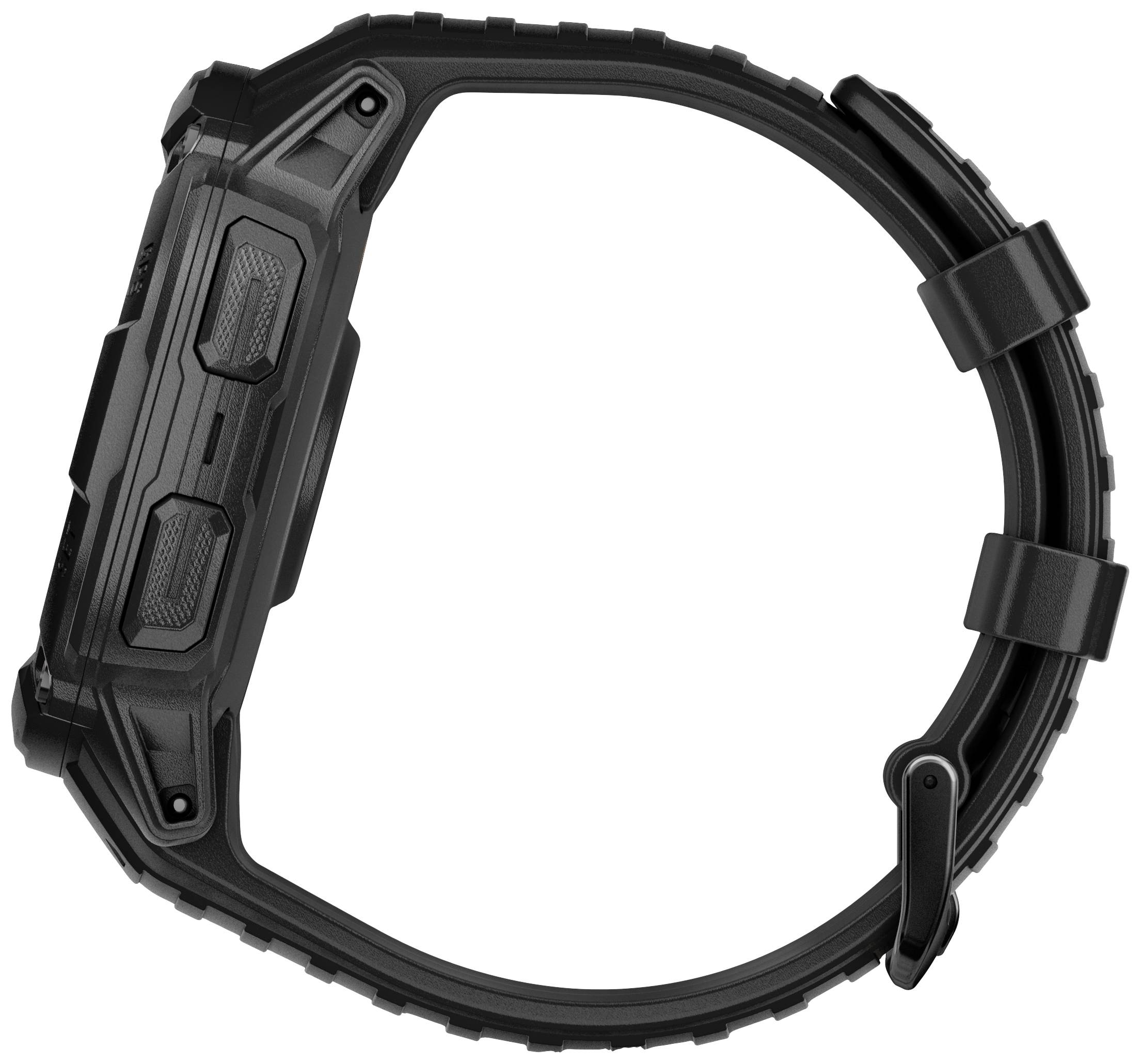 Schwarze, robuste Armbanduhr von der Seite gezeigt. Tasten und strukturiertes Armband sichtbar. Geeignet für Outdoor-Aktivitäten.